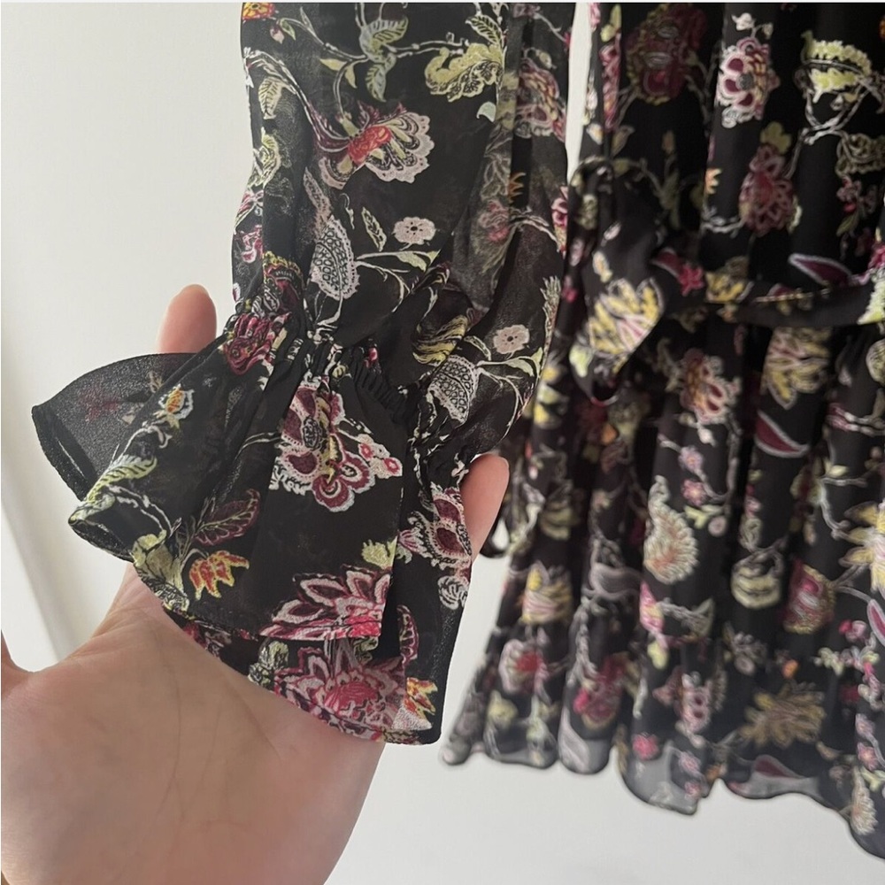 CINQ A SEPT | Black Floral Ruffle Smocked Dress, Size 4, - Picture 15 of 15